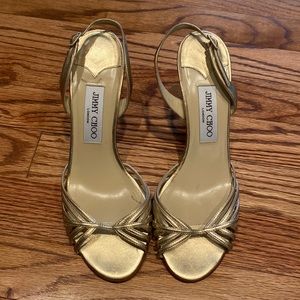 Jimmy Choo gold sling back medium-height heels, GUC, size 38 (8).